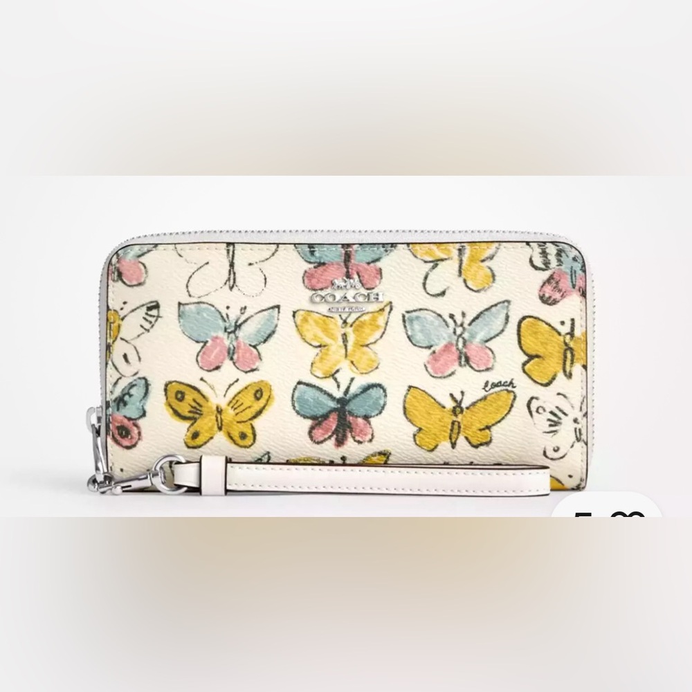 Coach NWT Long Zip Around Wallet w/ Butterfly Print. Detachable Wrist Strap.